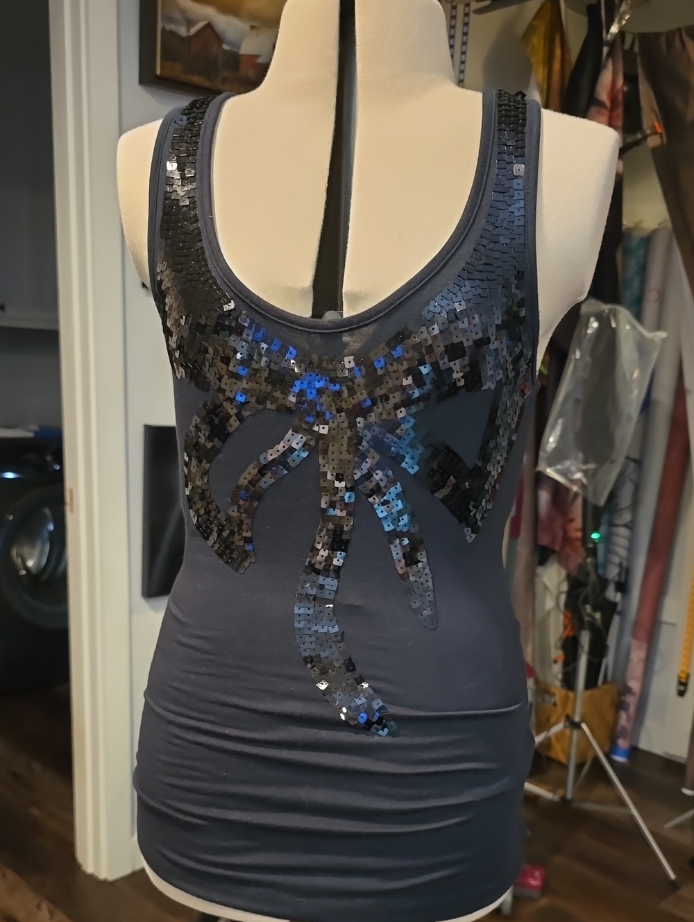 Miley Cyrus & Max Azria Black Sequin Tank Top, sequin bow, sz s